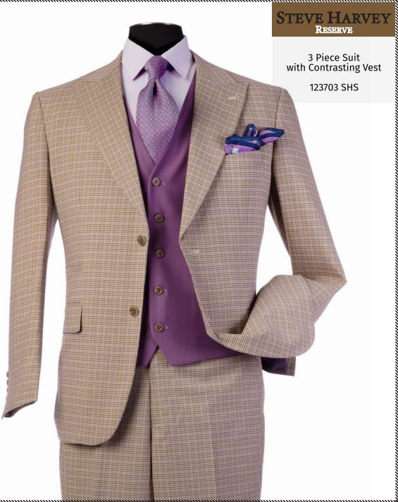 Steve Harvey Mens Brown Tweed With Lavender Vest 3 Piece Suit-Brown Tweed
