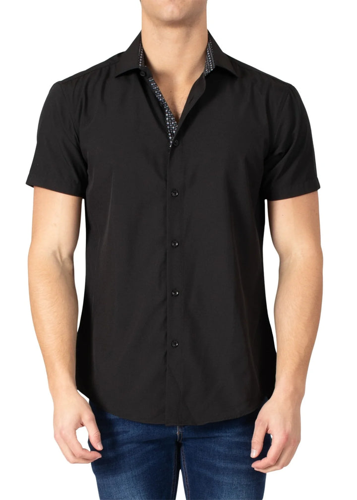 Bespoke Collection Stretch Fabric Button Up Short Sleeve Shirt - Black