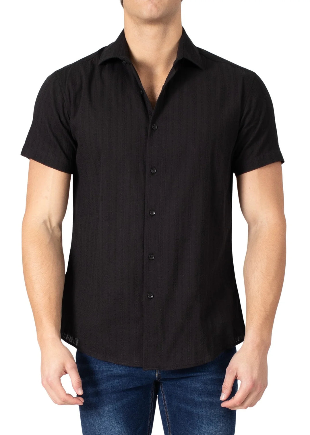 Bespoke Collection Button Up Stripe Short Sleeve Shirt - Black