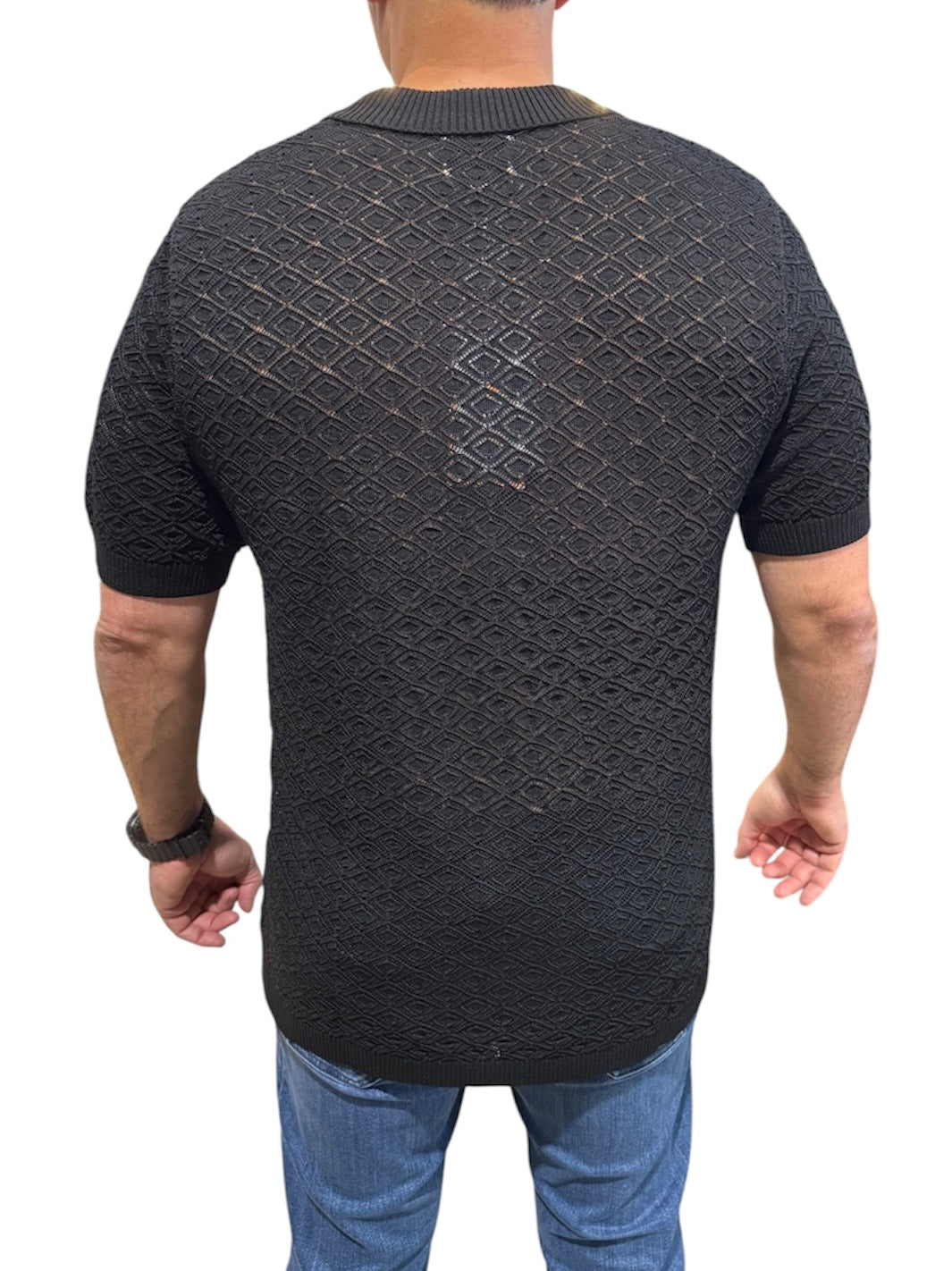 Cigar Short Sleeve Knit Button Down Shirt-Black