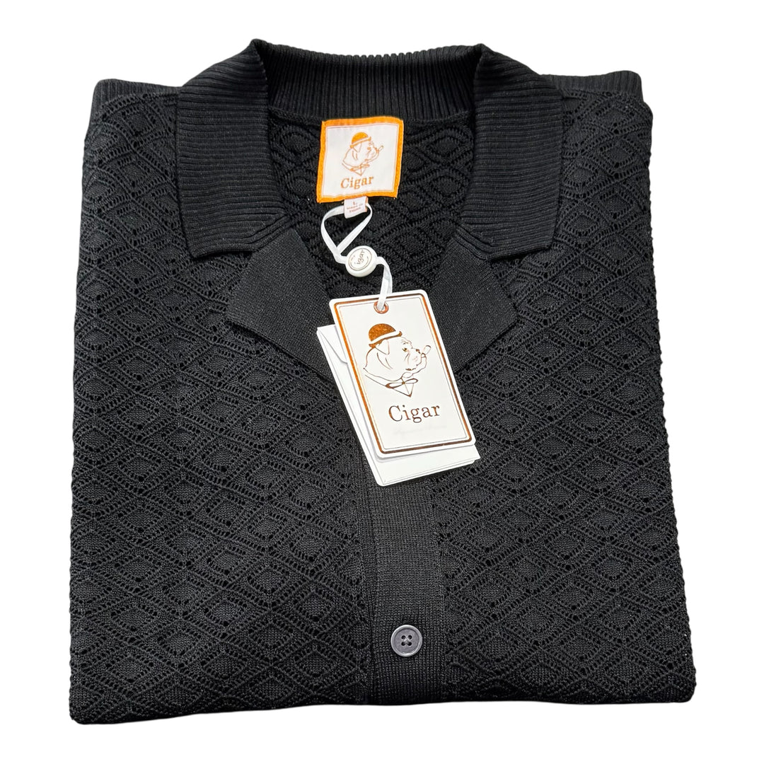 Cigar Short Sleeve Knit Button Down Shirt-Black