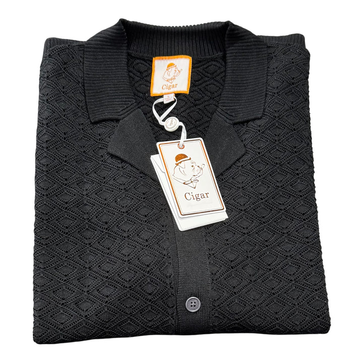 Cigar Short Sleeve Knit Button Down Shirt-Black