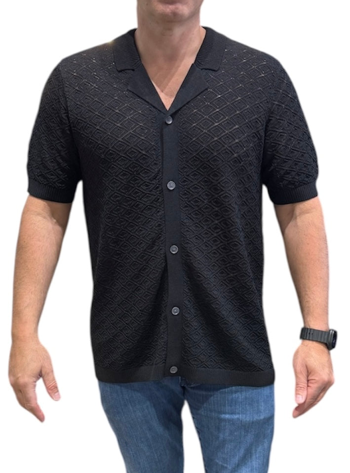 Cigar Short Sleeve Knit Button Down Shirt-Black
