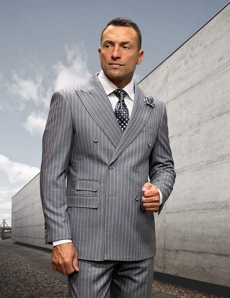 Statement Pinstripe Peak Lapel Double Breasted Super 200 Wool Suit