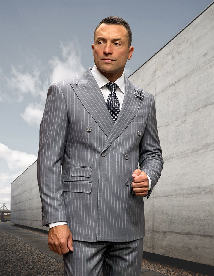 Statement Pinstripe Peak Lapel Double Breasted Super 200 Wool Suit