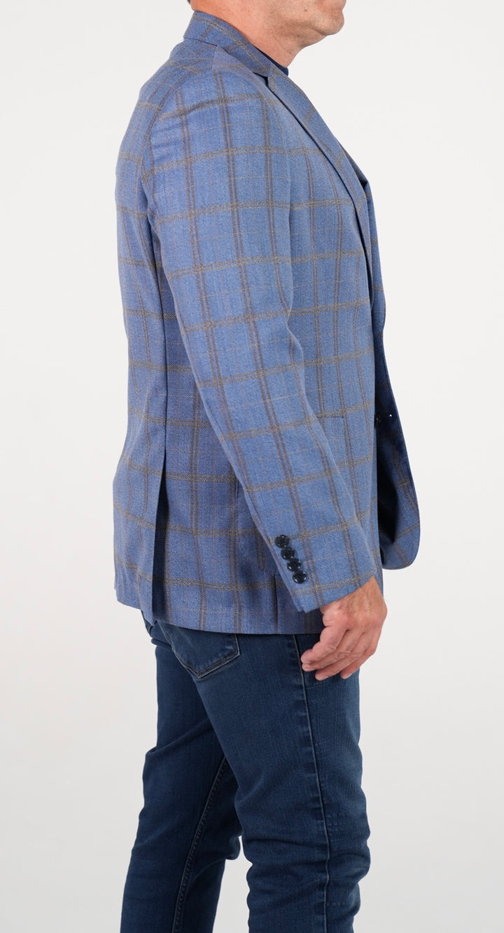 Sky Blue with Gold and Brown Windowpane Modern Fit, Pure Wool  Sport Jacket by Tiglio
