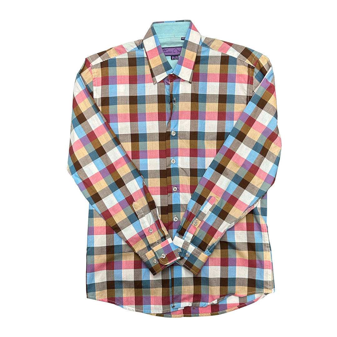 Isaac Michael Checkered Boys Long Sleeve Shirt - Blue/Pink