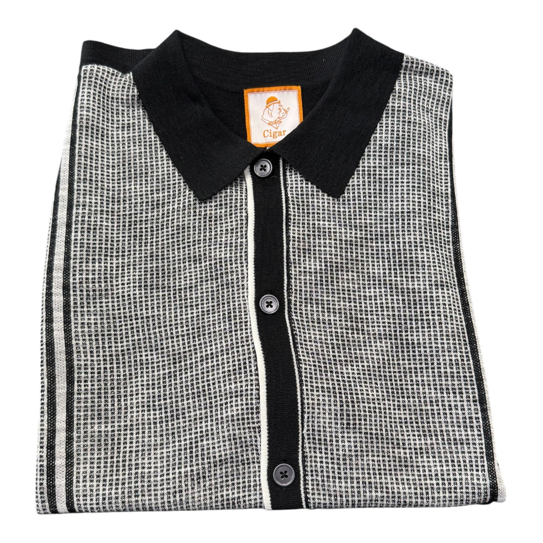 Cigar Short Sleeve Knit Button Down Shirt-Black