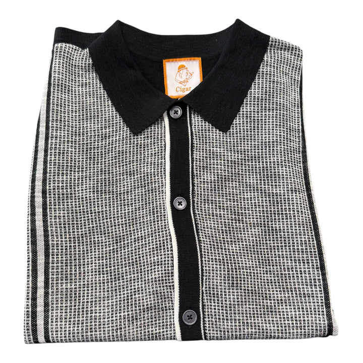 Cigar Short Sleeve Knit Button Down Shirt-Black