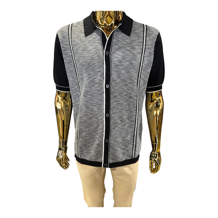 Cigar Short Sleeve Knit Button Down Shirt-Black