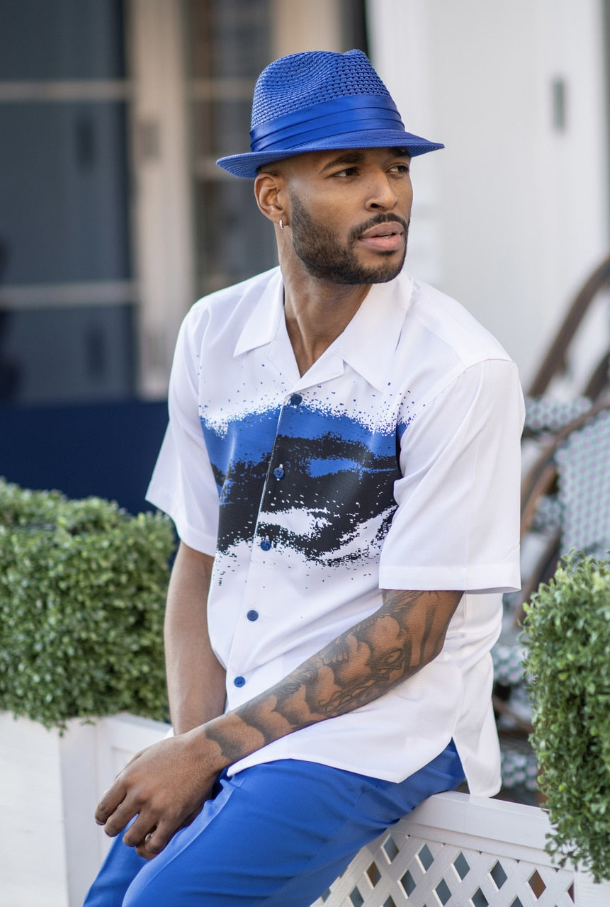 Men's 2 Piece Short Sleeve Walking Suit Spray Print Detail in Royal - 2004-D - New York Man Suits