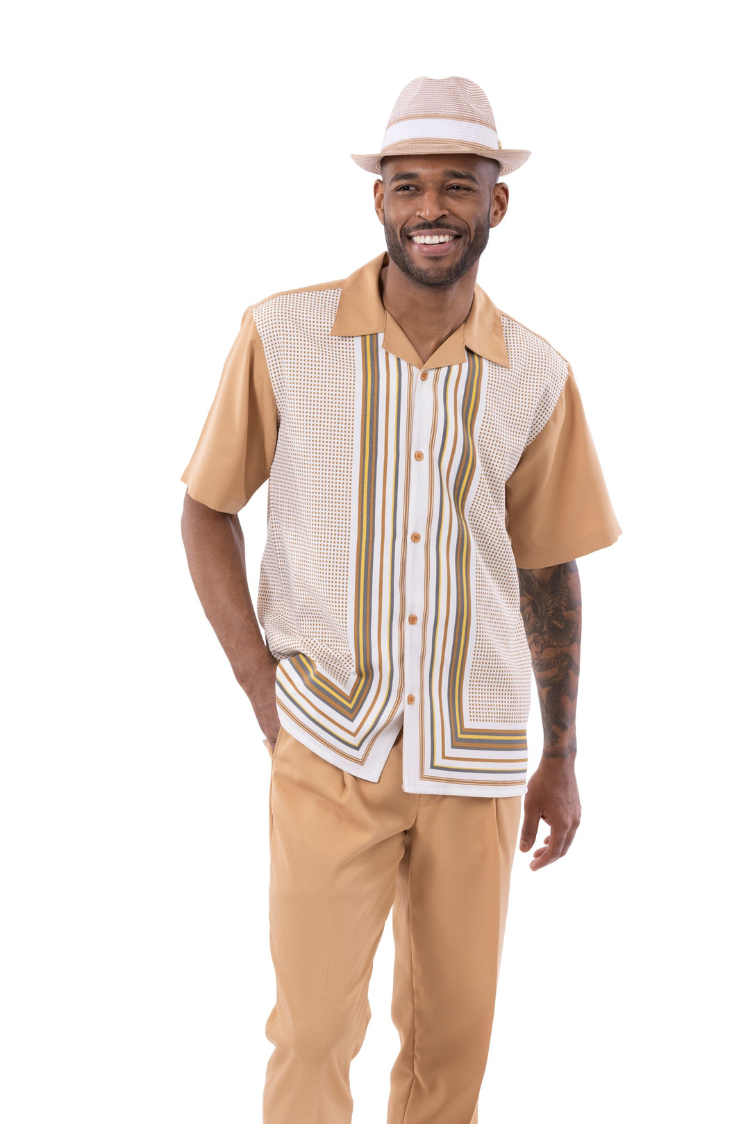 Montique Mens Fancy 2 Piece Leisure Walking Suit Set Short Sleeve-Cognac