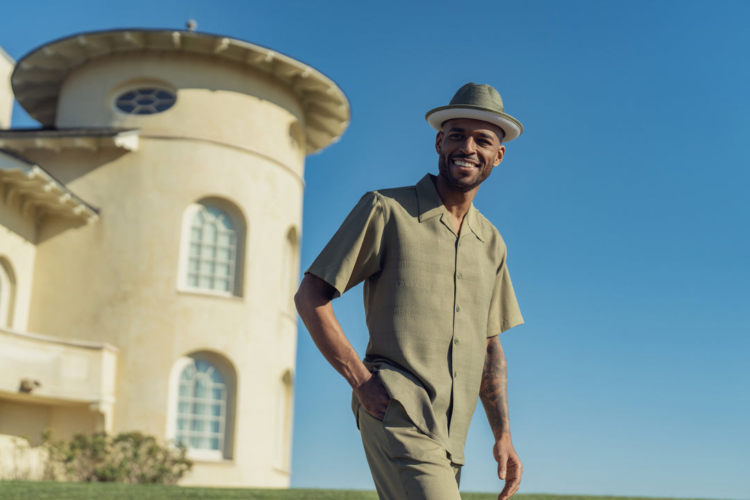 Montique Mens Fancy 2 Piece Leisure Walking Suit Set Short Sleeve-Olive