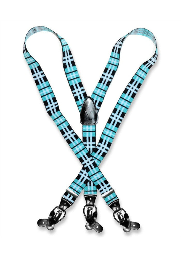 Turquoise Plaid Suspenders Y Shape Back Elastic Button & Clip Convertible - New York Man Suits