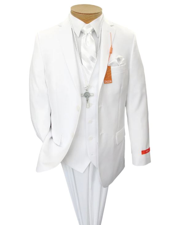 Boys White Communion Suit by Tallia 2 Button Skinny Fit - Solid - Stretch - White