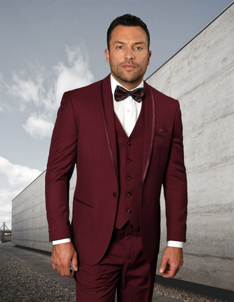 Statement Caesar Burgundy Shawl Lapel Men's 3 Piece Vested Tuxedo Wool Suit - New York Man Suits