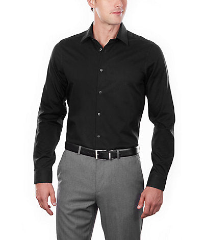 Calvin Klein Men`s Black Slim Fit Non-Iron Herringbone Point Collar Dress Shirt