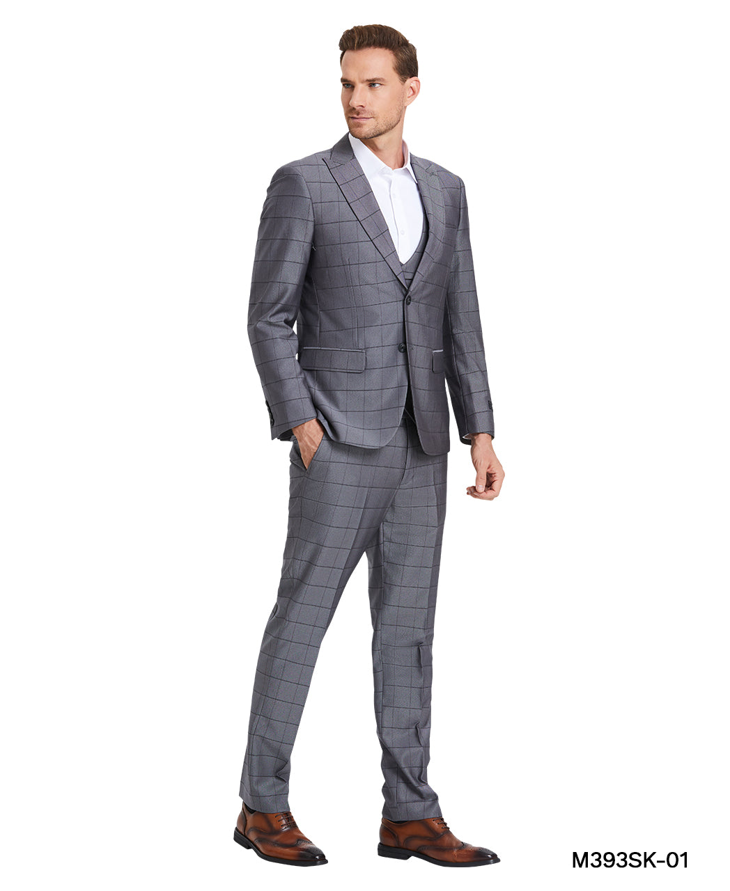 Gunmetal Grey Winndow Plaid - Double Breast U-Shape Vest Mens-suit