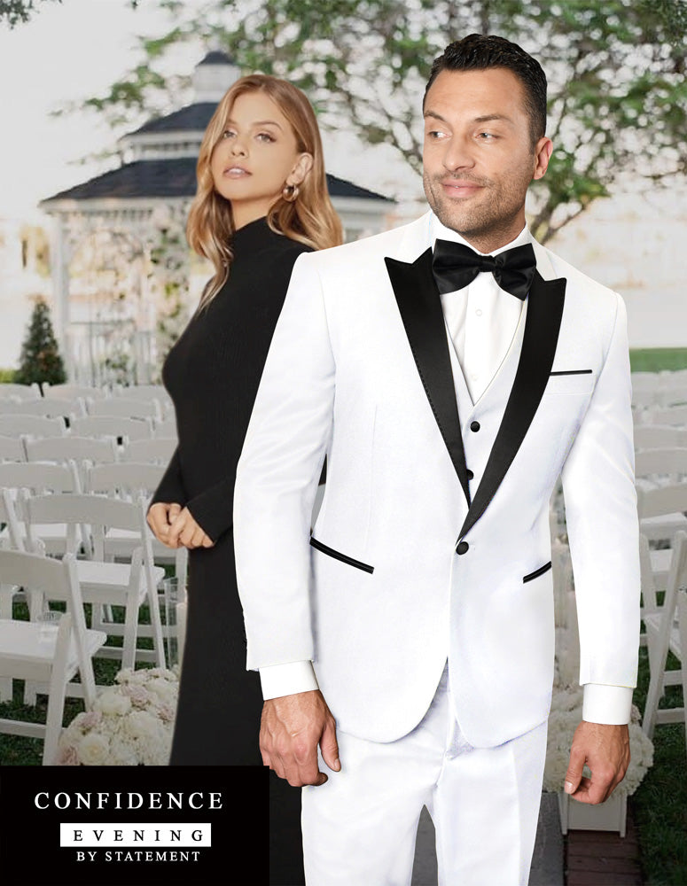 Statement Tux-PK White Peak Lapel Men's 3 Piece Vested Tuxedo Wool Suit - New York Man Suits