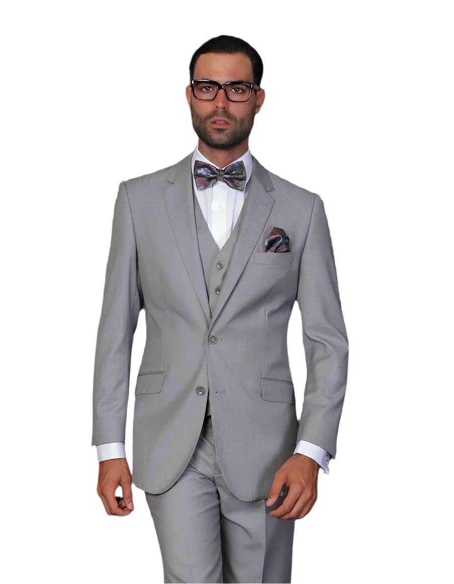 Statement Confidence - Men's Solid Light Grey 2 Button Modern Fit 3 Piece Wool Suit - STZV100 - New York Man Suits