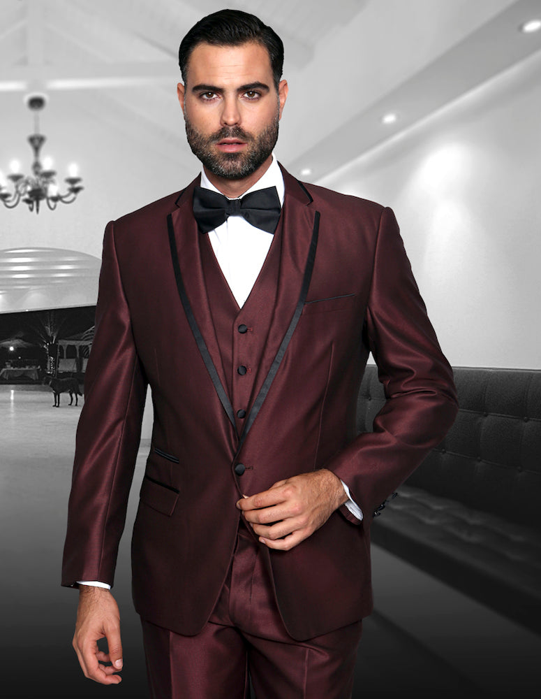 Statement Venetian Burgundy Notch Lapel Black Trim Men's 3 Piece Vested Tuxedo Wool Suit - New York Man Suits