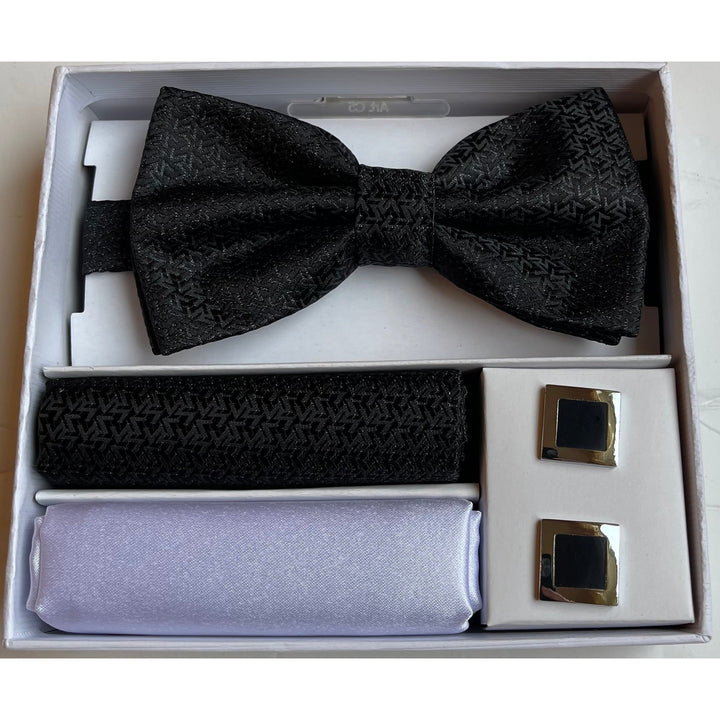 Adolfo Zig-Zag Pattern Bow Tie Hanky & Cufflink Box Set - ABS70634-Black - New York Man Suits