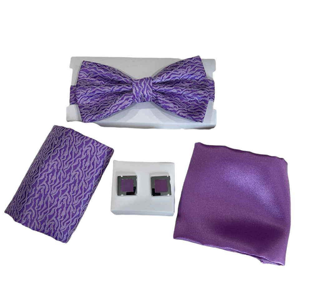 Adolfo Wavey Pattern Bow Tie Hanky & Cufflink Box Set - ABS70643B-Lavender - New York Man Suits