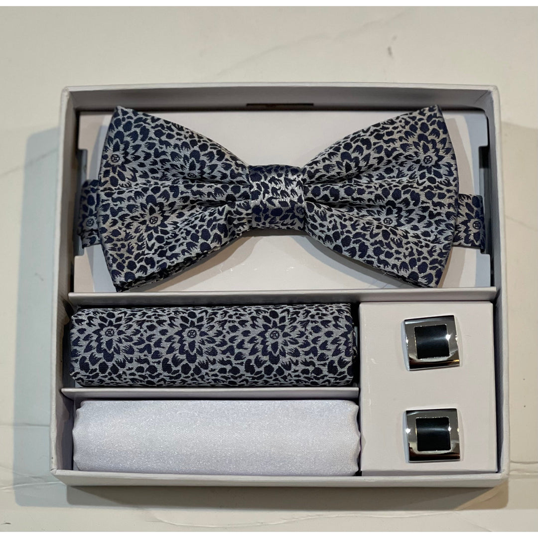 ADOLFO BOWTIE+HANKY CUFFLINK SET-GREY - New York Man Suits