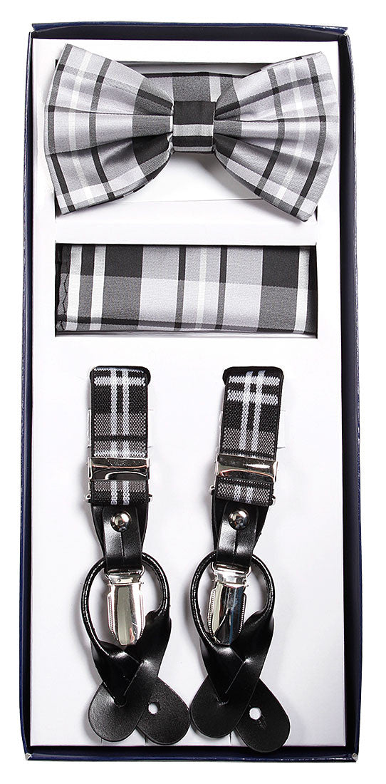 Grey Plaid Suspenders & Bowtie Hanky 3 Piece Set - New York Man Suits