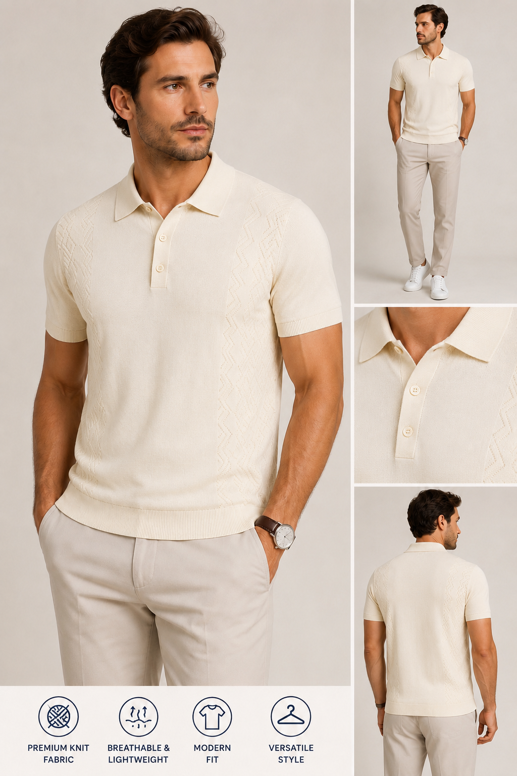 Cigar Short Sleeve Polo Knit Shirt-Off-White - pants | New York Man Suits