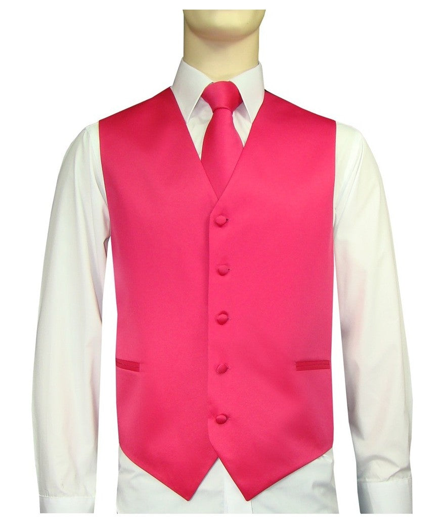 Brand Q. Men's Satin Fushia Color Tuxedo Vest and Tie