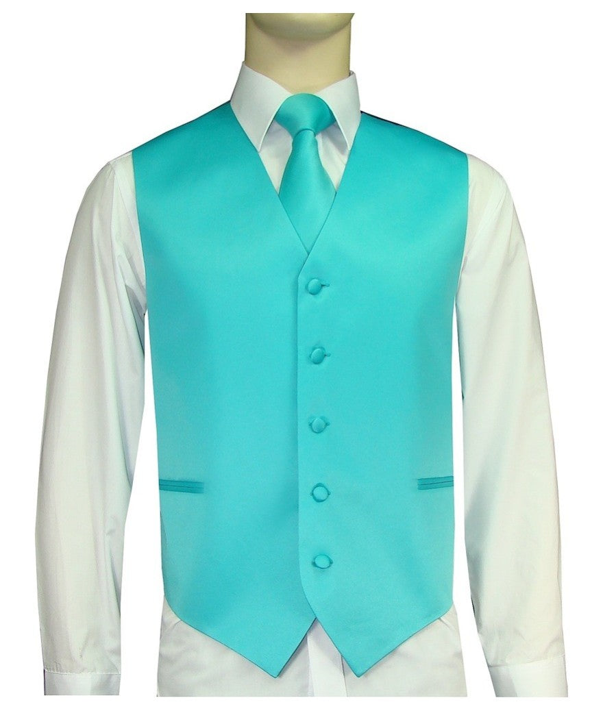 Brand Q. Men's Satin Turquoise Color Tuxedo Vest and Tie
