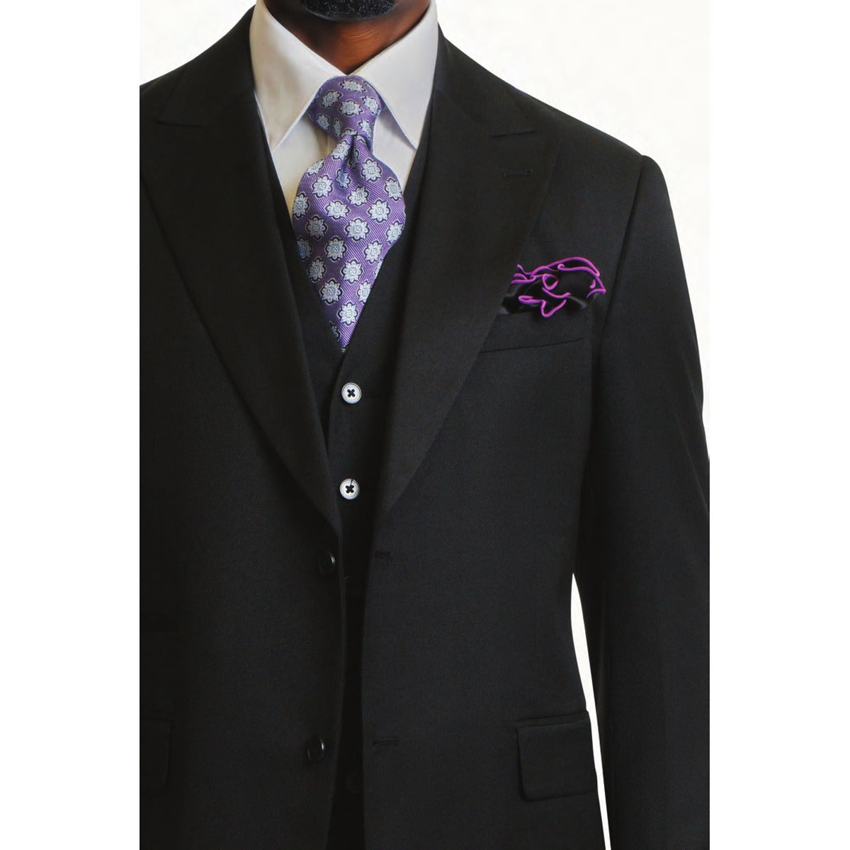 Steve Harvey black birdseye suit fabric and vest detail