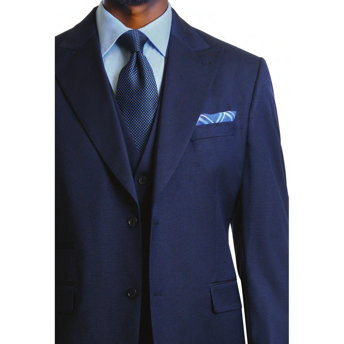 Steve Harvey navy birdseye suit fabric and vest detail
