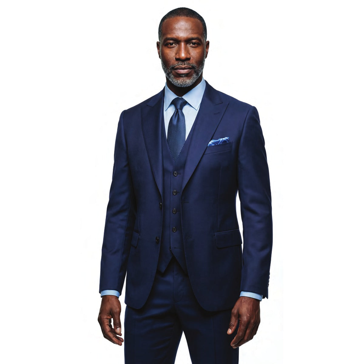 Steve Harvey men's 3 piece navy birdseye suit with matching vest, front view