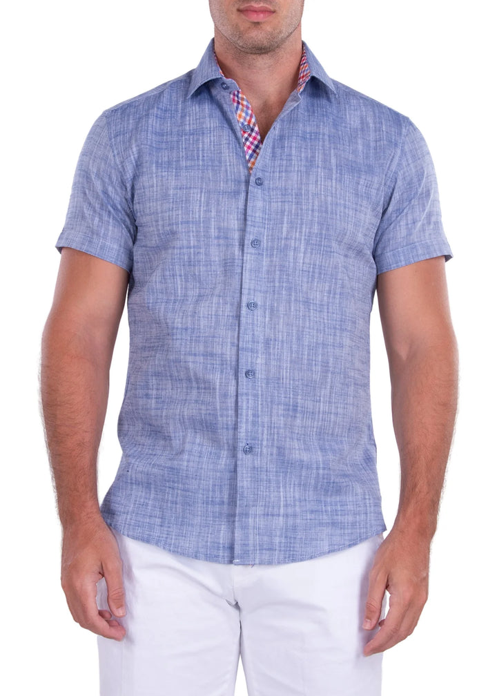 BeSpoke Classic Linen Short Sleeve Button Up Dress Shirt - Blue