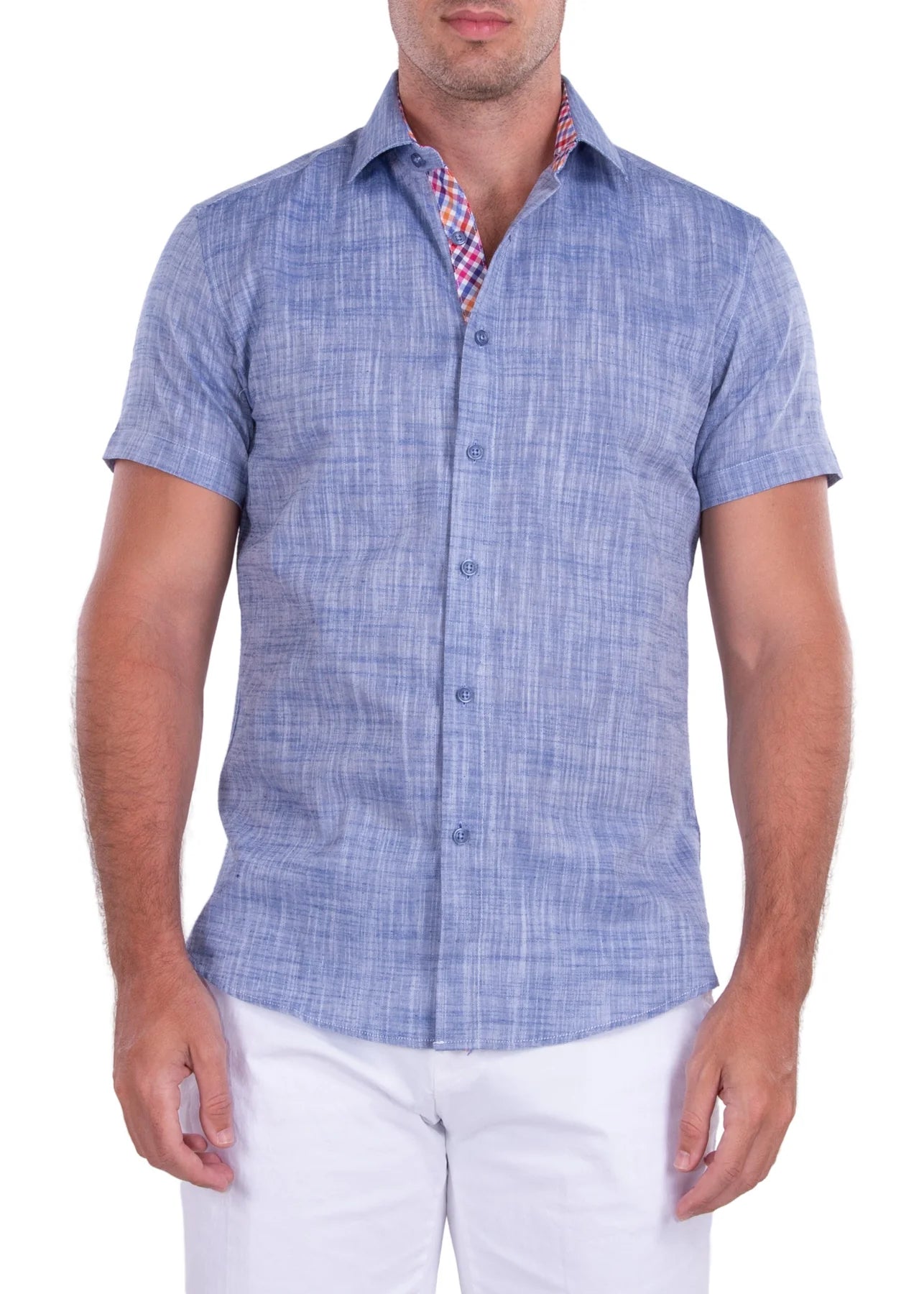 BeSpoke Classic Linen Short Sleeve Button Up Dress Shirt - Blue - shirt | New York Man Suits