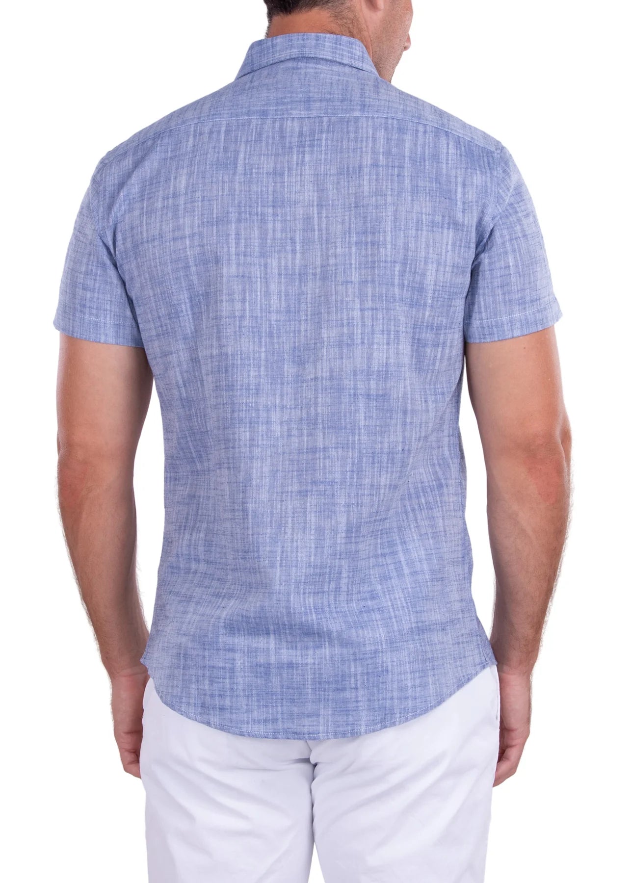 BeSpoke Classic Linen Short Sleeve Button Up Dress Shirt - Blue - shirt - view 2 | New York Man Suits