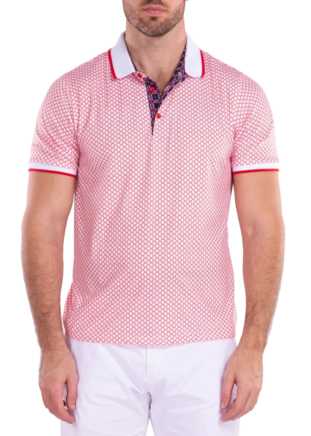 BeSpoke Collection Fancy Polo Red with Contrast Collar Printed Short Sleeve | Stylish Choice for Men in the USA