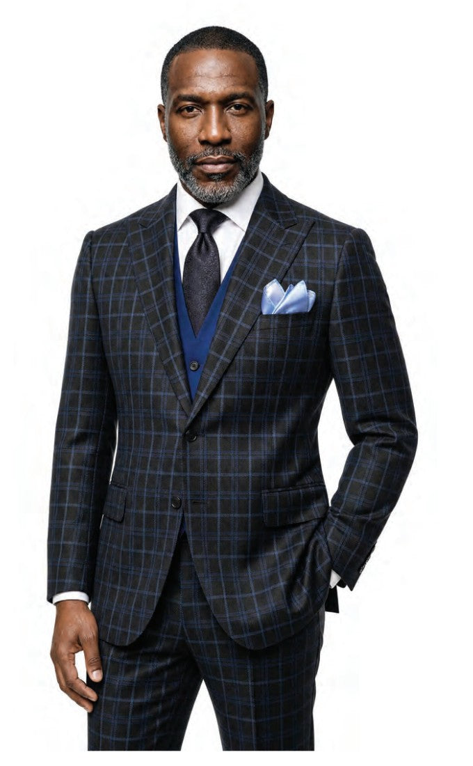 Steve Harvey Men's 3 Piece Plaid Suit with Vest - Black/Blue - full length front view