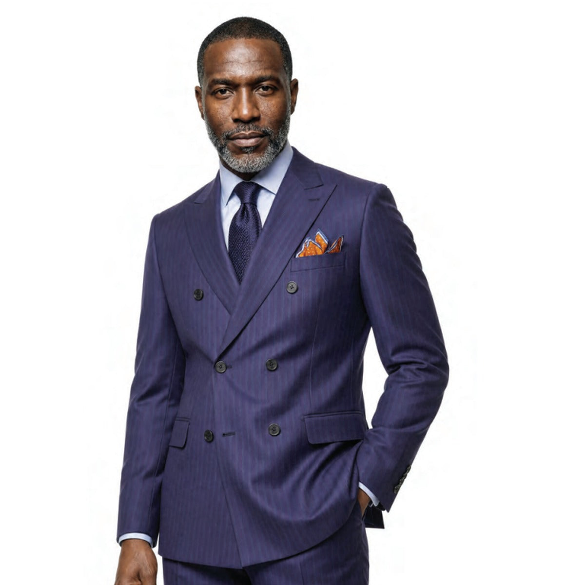 Steve Harvey men's double breasted navy pinstripe suit, front view