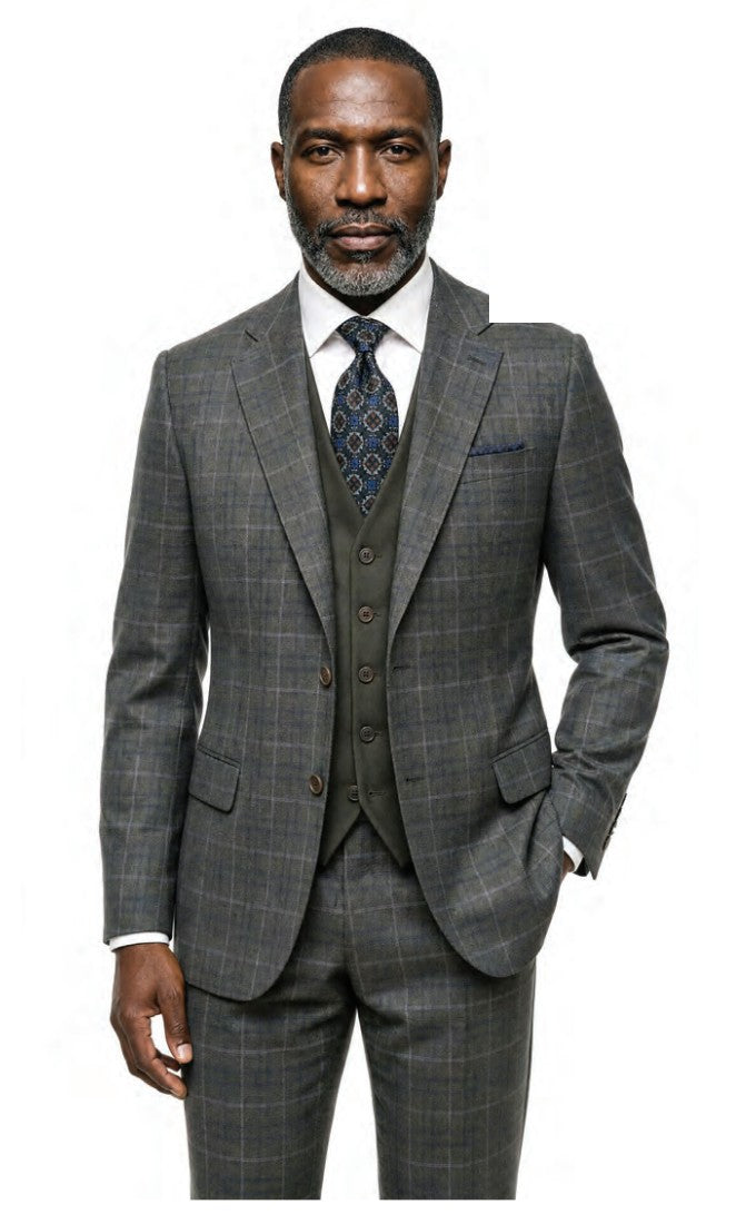 Steve Harvey Men's 3 Piece Plaid Suit with Vest - Olive/Blue - full length front view
