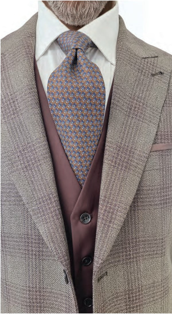 Steve Harvey Men's 3 Piece Plaid Suit with Vest - Grey/Burgundy - jacket and vest detail