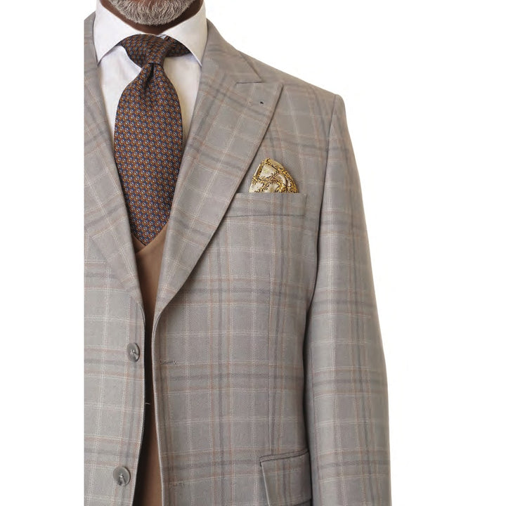 Steve Harvey grey/tan plaid suit fabric and brown vest detail