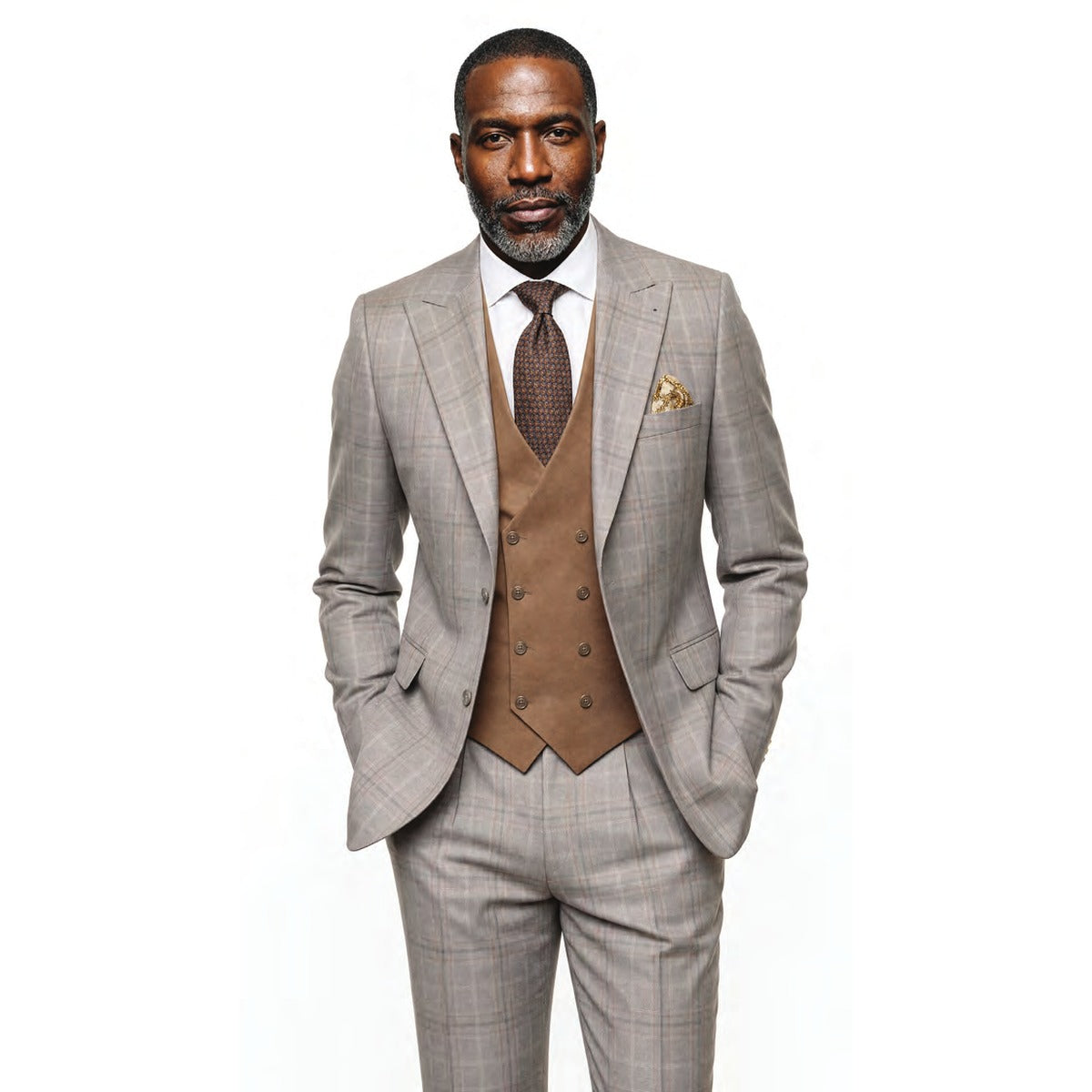 Steve Harvey men's 3 piece grey and tan plaid suit with brown vest, front view