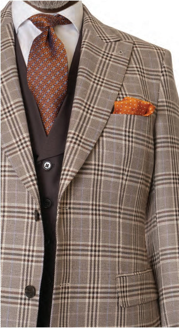 Steve Harvey Men's 3 Piece Plaid Suit with Shawl Lapel Vest - Tan - jacket and vest detail