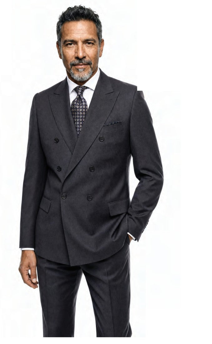 Steve Harvey Men's Double Breasted Herringbone Pinstripe Suit - Charcoal - full length front view