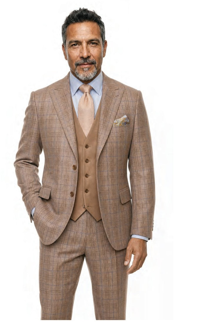 Steve Harvey Men's 3 Piece Plaid Suit with Vest - Camel - full length front view