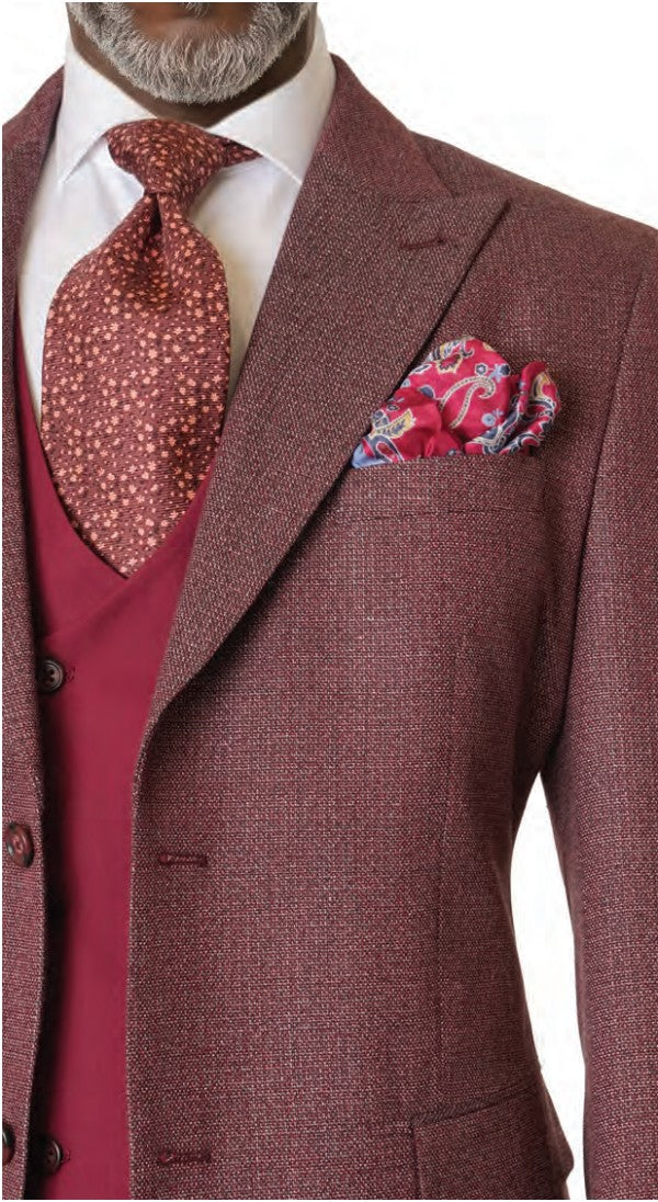 Steve Harvey Men's 3 Piece Textured Suit with Double Breasted Vest - Cranberry - jacket and vest detail