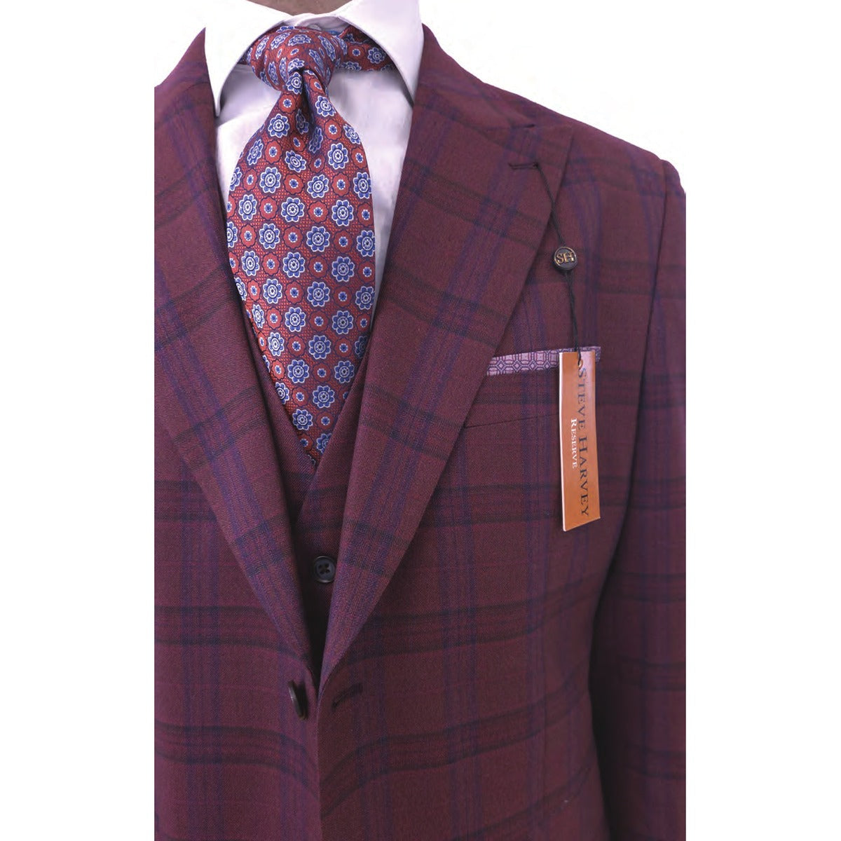Steve Harvey burgundy windowpane suit fabric and vest detail